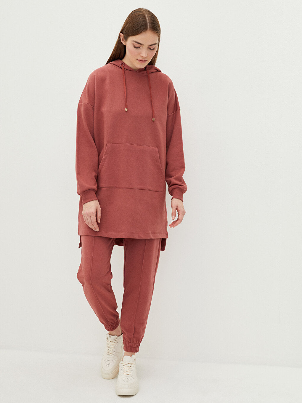 Hooded Plain Long Sleeve Oversize Women's Sweatshirt Tunic