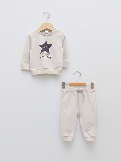 Crew Neck Long Sleeve Printed Cotton Baby Boy Sweatshirt and Trousers 2-Piece Set