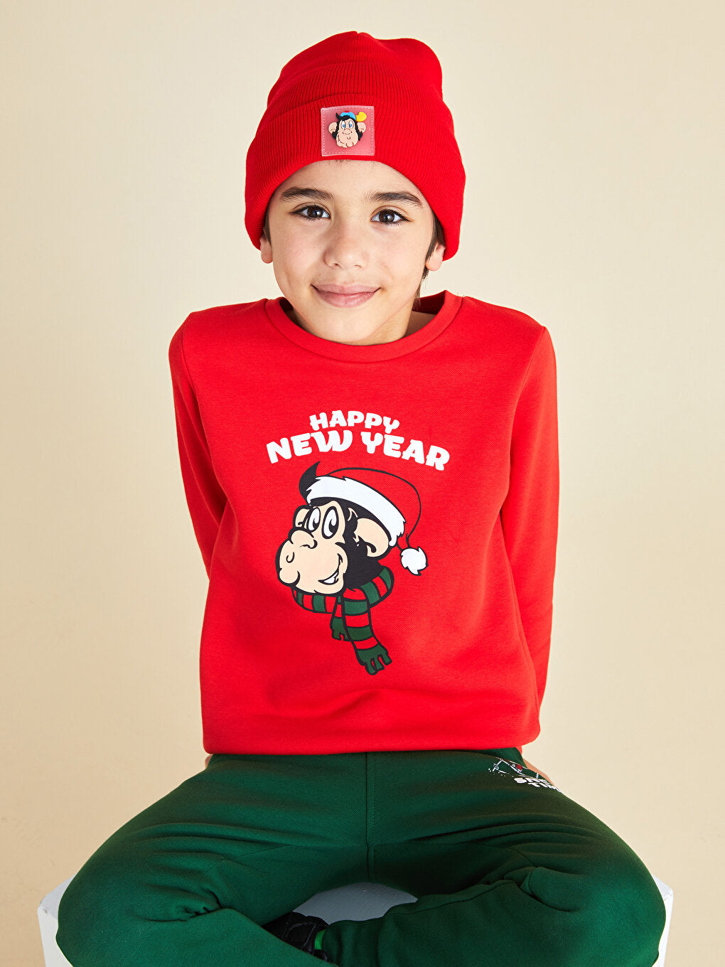 Crew Neck Nostalgic Monkey Printed New Year's Themed Long Sleeve Boy's Sweatshirt