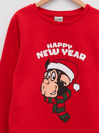 Crew Neck Nostalgic Monkey Printed New Year's Themed Long Sleeve Boy's Sweatshirt