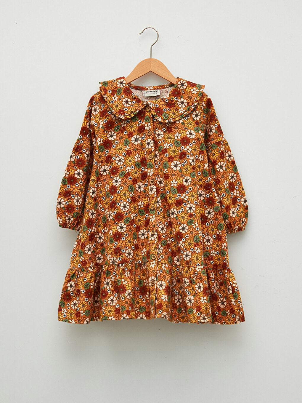 Baby Collar Patterned Long Sleeve Gabardine Girl's Dress