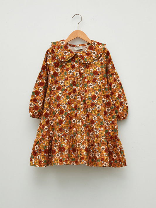 Baby Collar Patterned Long Sleeve Gabardine Girl's Dress