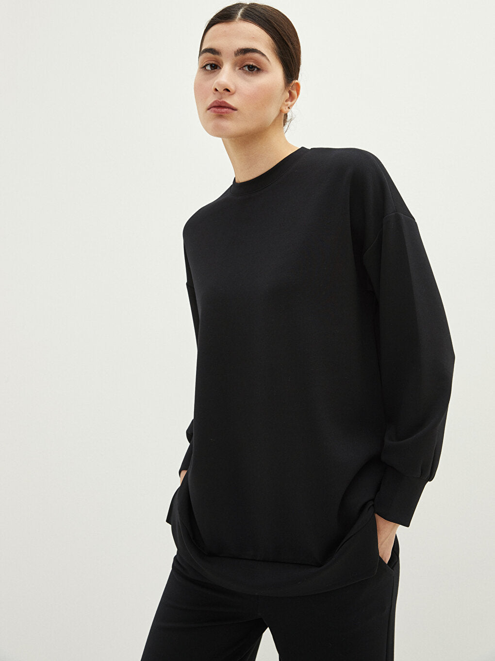 Crew Neck Plain Long Sleeve Women's Tunic