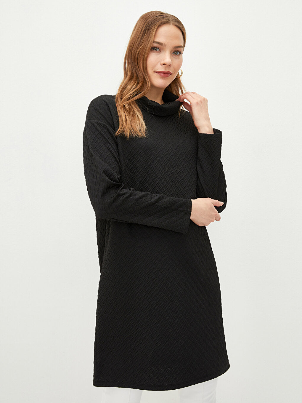 High Collar Quilted Patterned Long Sleeve Oversize Women's Tunic