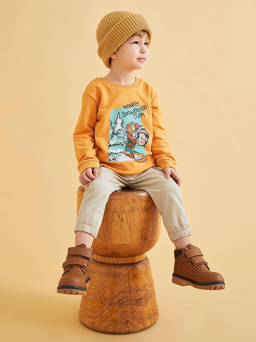 Crew Neck Long Sleeve Nostalgic Monkey Printed Baby Boy Sweatshirt