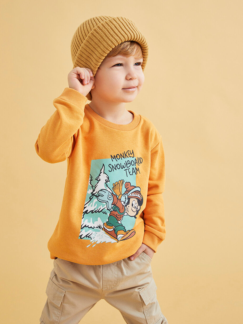 Crew Neck Long Sleeve Nostalgic Monkey Printed Baby Boy Sweatshirt