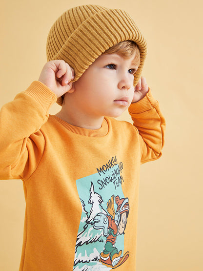 Crew Neck Long Sleeve Nostalgic Monkey Printed Baby Boy Sweatshirt