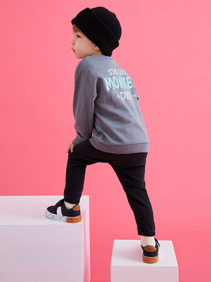 Crew Neck Long Sleeve Nostalgic Monkey Printed Baby Boy Sweatshirt