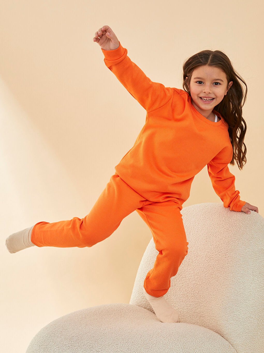 Crew Neck Basic Long Sleeve Girl's Pajama Set