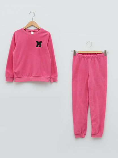 Crew Neck Embroidery Detailed Long Sleeve Fleece Girl's Pajama Set