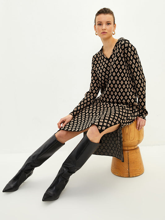 Polo Neck Patterned Long Sleeve Women's Knitwear Tunic