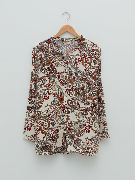 Loose Collar Patterned Long Sleeve Viscose Women's Shirt