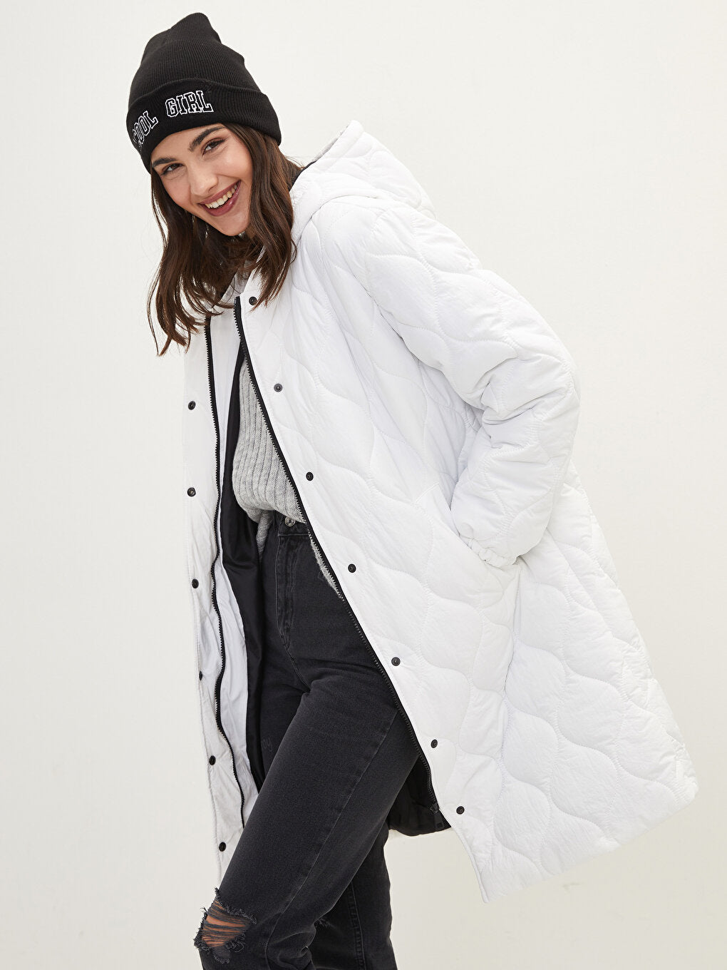 Hooded Quilted Patterned Long Sleeve Women's Puffer Coat