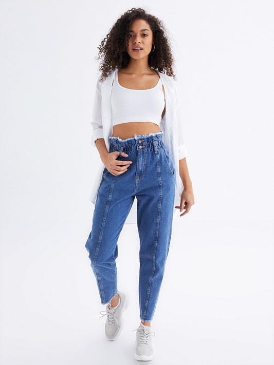 Women's Jean Trousers with Elastic Waist Pocket Detail