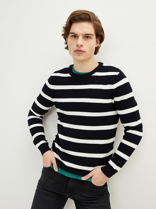 Crew Neck Long Sleeve Striped Men's Knitwear Sweater