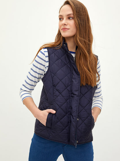 High Collar Quilted Patterned Women's Puffer Vest