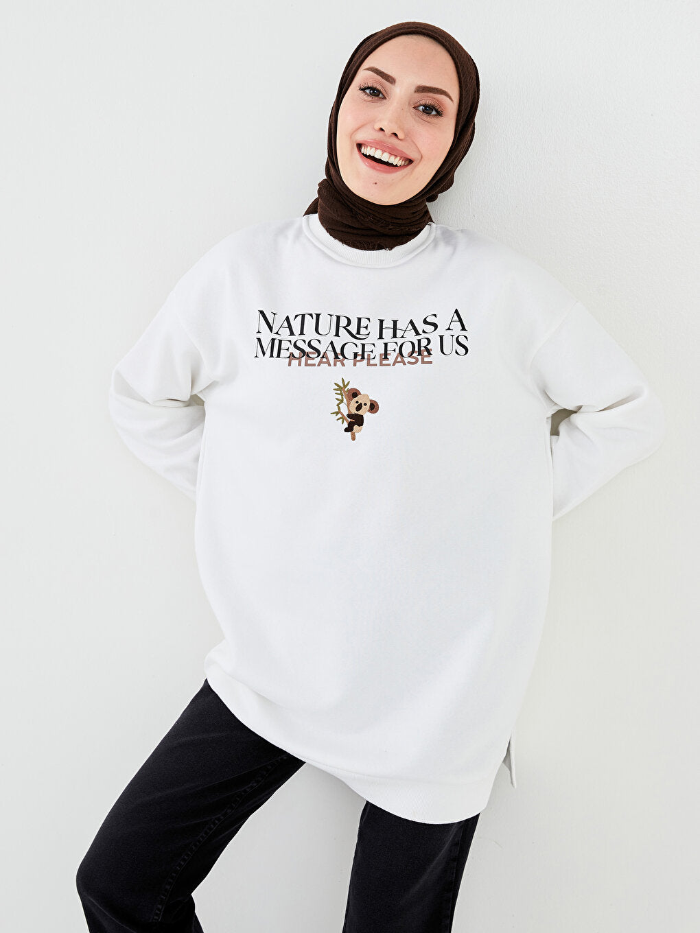 Crew Neck Embroidered Long Sleeve Oversize Women's Sweatshirt Tunic