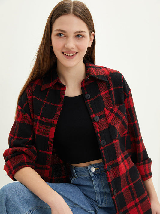 Front Button Closure Plaid Long Sleeve Gabardine Women's Shirt Jacket