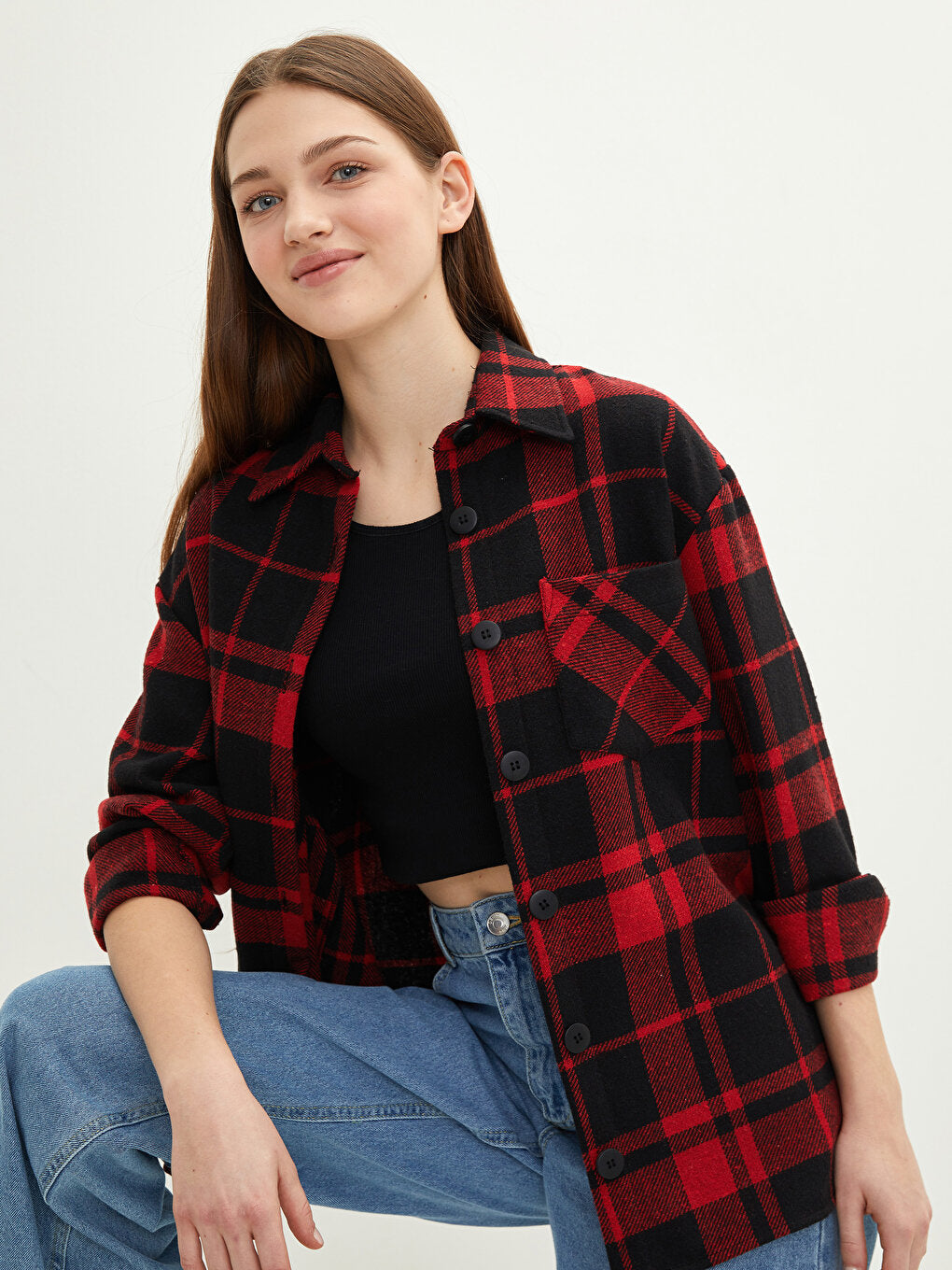 Front Button Closure Plaid Long Sleeve Gabardine Women's Shirt Jacket