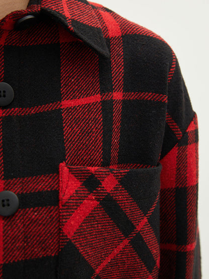 Front Button Closure Plaid Long Sleeve Gabardine Women's Shirt Jacket