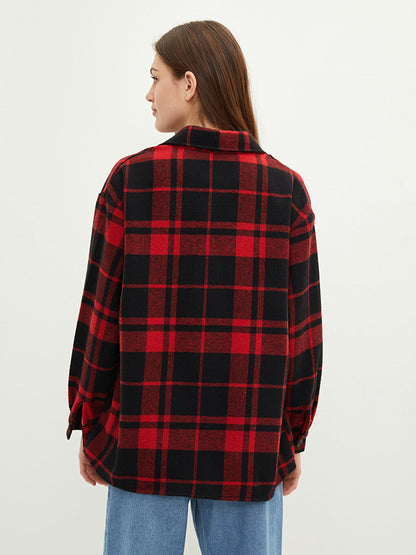 Front Button Closure Plaid Long Sleeve Gabardine Women's Shirt Jacket