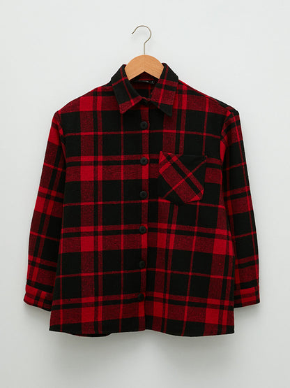 Front Button Closure Plaid Long Sleeve Gabardine Women's Shirt Jacket