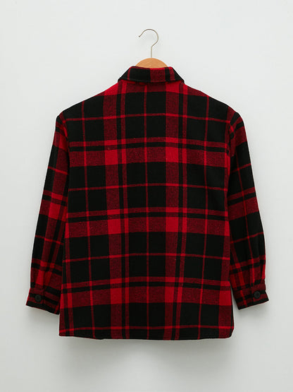 Front Button Closure Plaid Long Sleeve Gabardine Women's Shirt Jacket