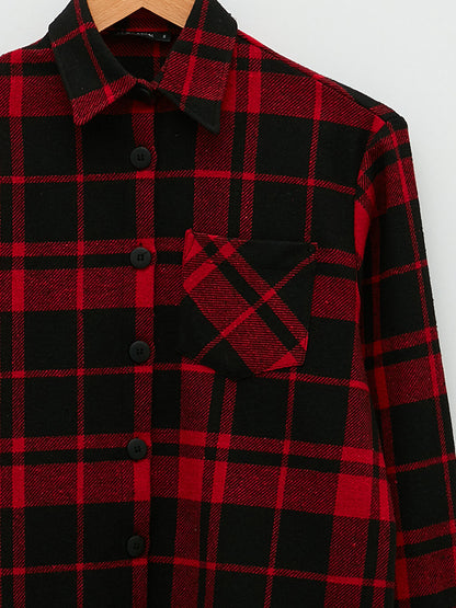 Front Button Closure Plaid Long Sleeve Gabardine Women's Shirt Jacket