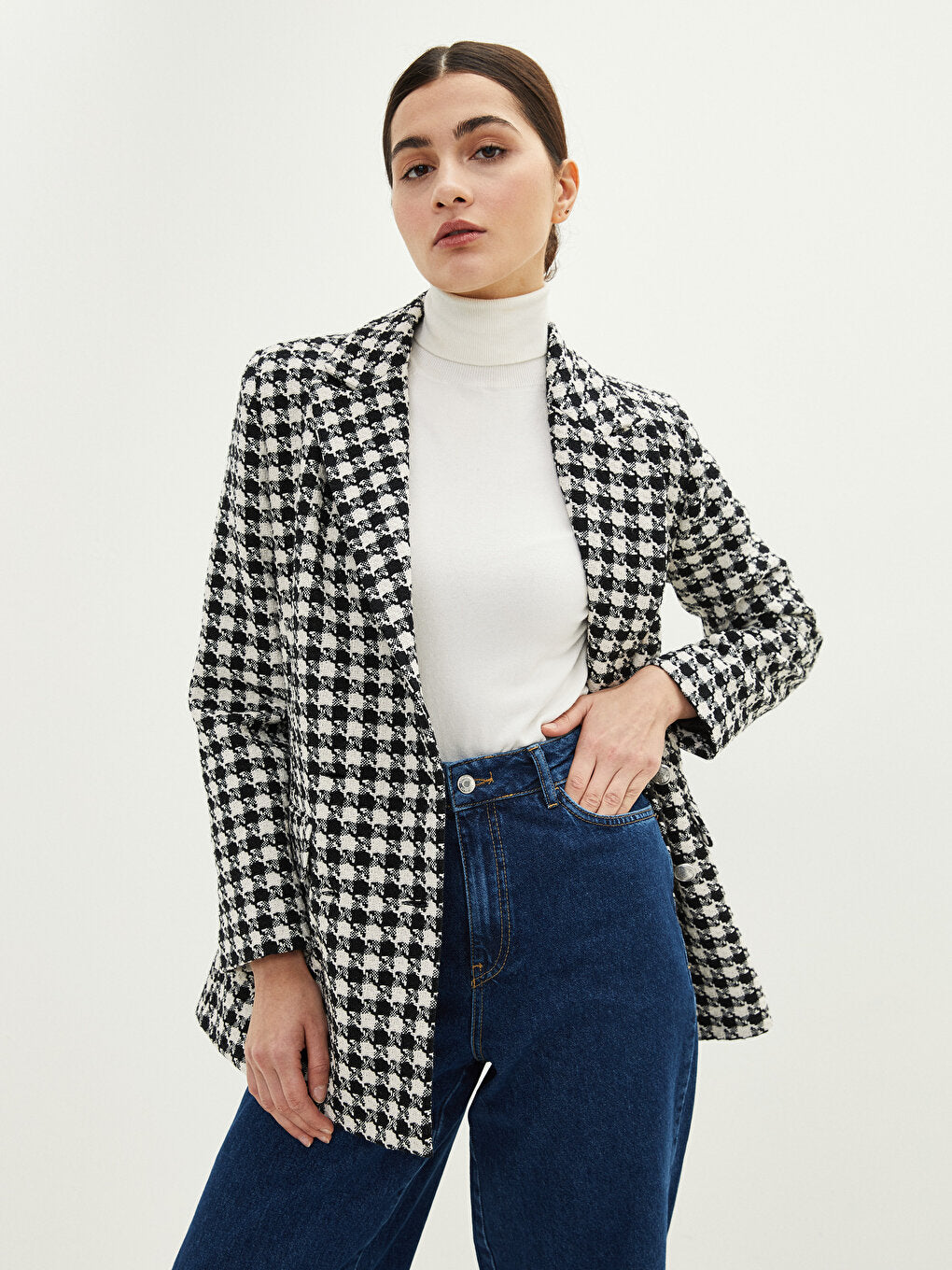 Front Button Closure Plaid Long Sleeve Gabardine Fabric Women's Jacket