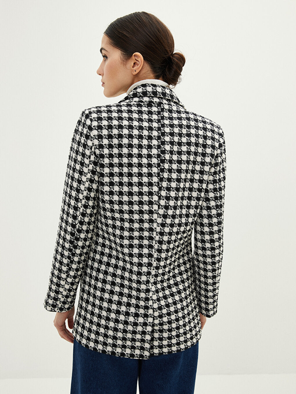 Front Button Closure Plaid Long Sleeve Gabardine Fabric Women's Jacket