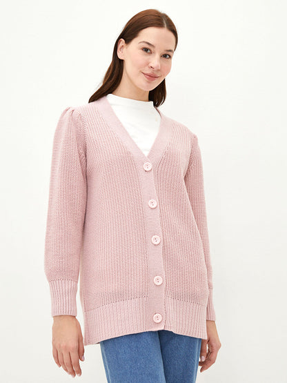 V-Neck Plain Long Sleeve Women's Knitwear Cardigan