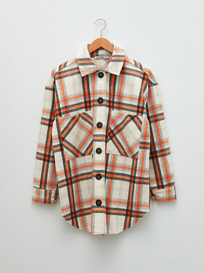 Front Button Closure Plaid Long Sleeve Gabardine Fabric Women's Shirt Jacket