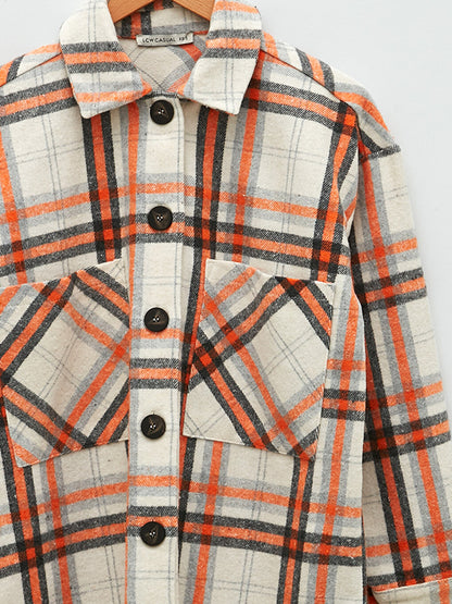 Front Button Closure Plaid Long Sleeve Gabardine Fabric Women's Shirt Jacket