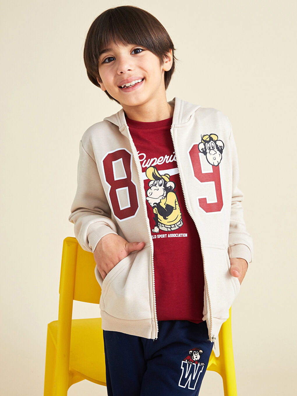 Hooded Nostalgic Monkey Printed Long Sleeve Boys' Zipper Sweatshirt