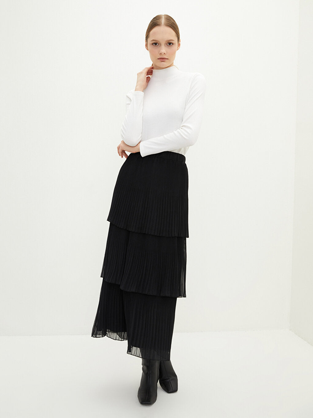 Plain Chiffon Women's Pleated Skirt with Elastic Waist