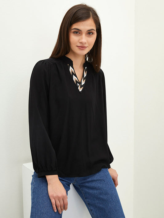 Loose Neck Embroidered Long Sleeve Viscose Women's Blouse