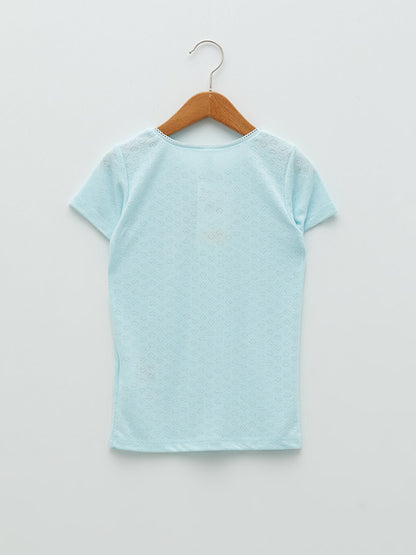 Crew Neck, Patterned Short Sleeve Girl's Undershirt