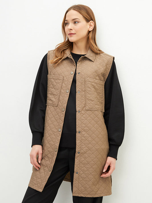 Shirt Collar Quilted Patterned Women's Vest