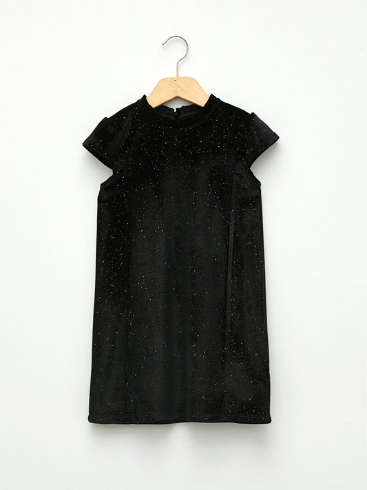 High Collar Short Sleeve Sparkly Velvet Girls' Dress