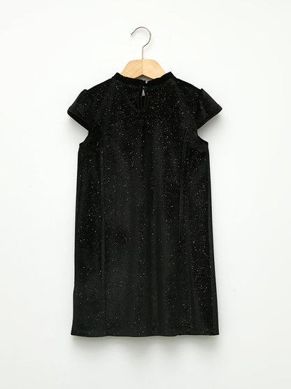 High Collar Short Sleeve Sparkly Velvet Girls' Dress