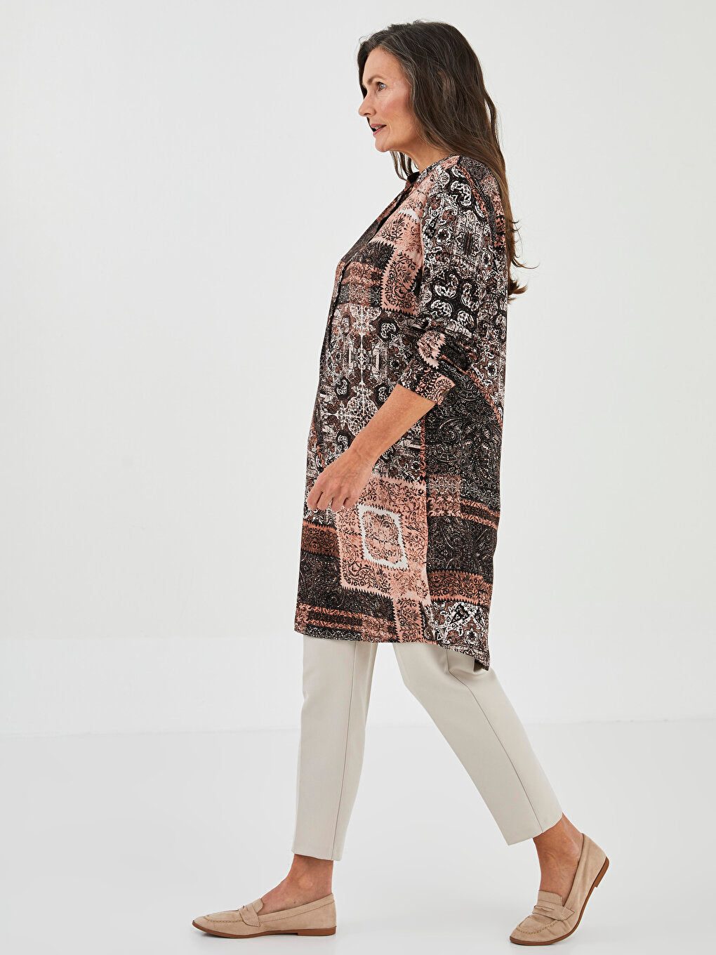 Crew Neck Patterned Long Sleeve Poplin Women's Tunic