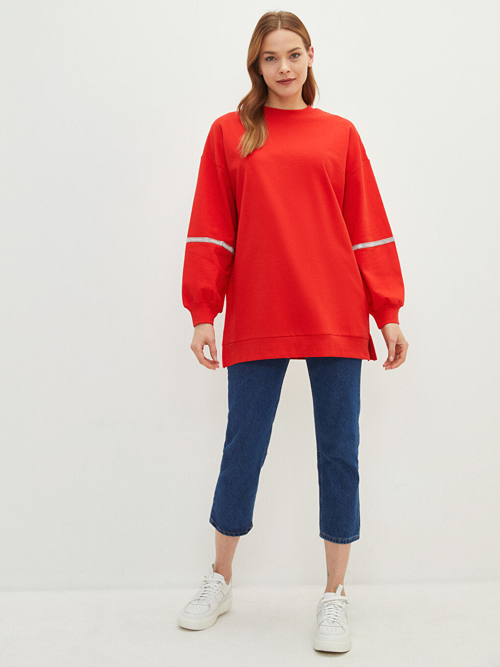 Crew Neck Plain Long Sleeve Oversize Women's Sweatshirt Tunic