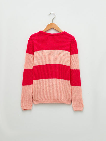 Crew Neck Color Blocked Long Sleeve Girl's Knitwear Sweater