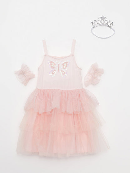 Square Necklace Sequin Embroidered Strap Girls Tutu Dress with Crown and Sleeves