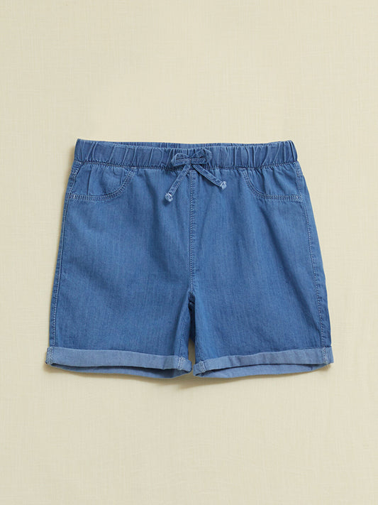 Basic Cotton Girl's Jean Shorts with Elastic Waist