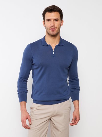 Polo Neck Long Sleeve Slim Men's Knitwear Sweater