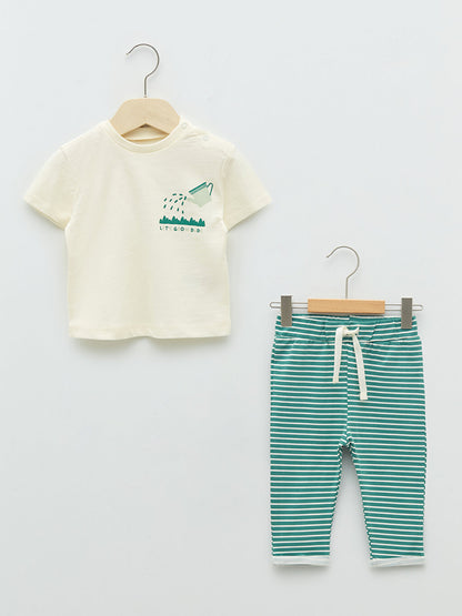 Crew Neck Short Sleeve Printed Baby Boy T-Shirt and Trousers 2-Piece Set