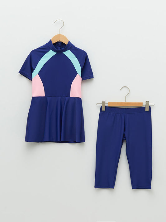 High Collar Color Blocked Short Sleeve Girl's Skirted Swimsuit and Tights