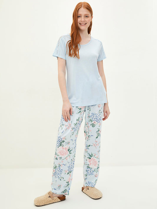 Crew Neck Floral Short Sleeve Women's Pajama Set