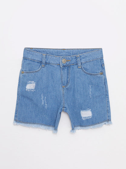 Ripped Detailed Cotton Girls' Jean Shorts